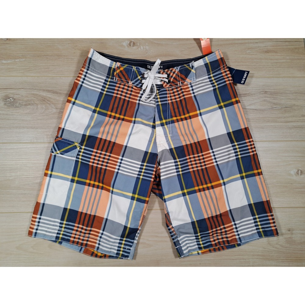 Old‎ Navy Mens Plaid Board Shorts Orange Blue Swim Trunks Size Small NWT